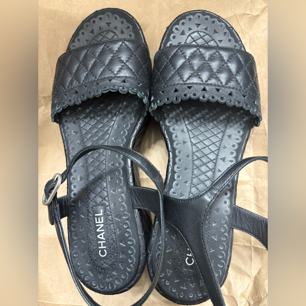 Chanel Black Quilted Leather CC Ankle Strap Platform Sandals Size 39